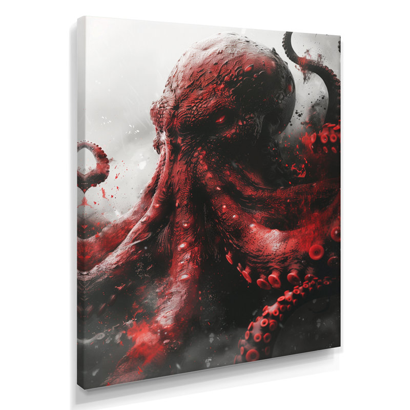 «Red Grey Kraken Mythical Creature III - Décoration murale créatures mythiques, Toile tendue, H 32 po x l 16 po x P 1 po