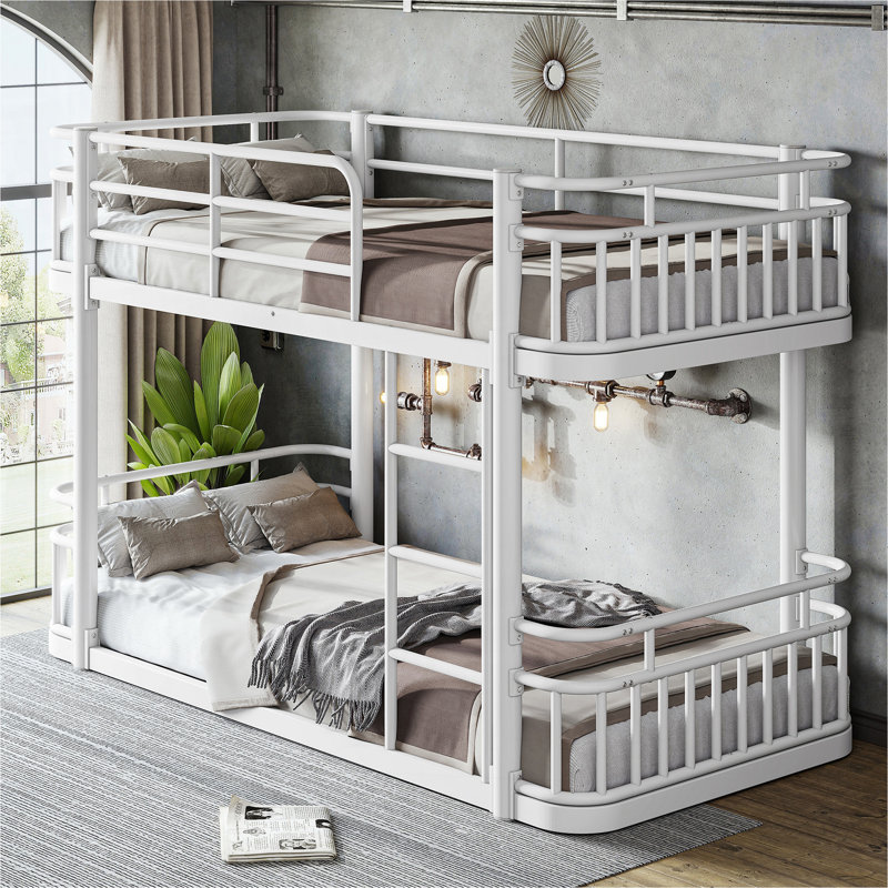 Lit superposé simple TG au-dessus de simple TG avec échelles et garde-corps, structure en métal ronde améliorée, élégante et polyvalente pour toute pièce, blanc