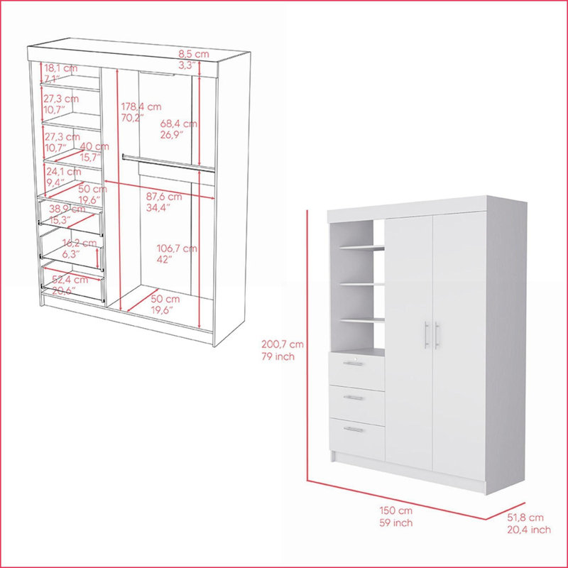 Armoire blanche avec rangement Rumanu | 2 portes, 3 tiroirs, 4 tablettes | Blanc | Bois d'ingénierie, Blanc