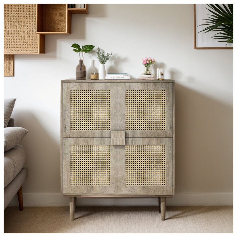 Armoire de rangement en filet de rotin gris avec 8 tablettes - Buffet moderne à 4 portes pour le vestibule et l'organisation du salon