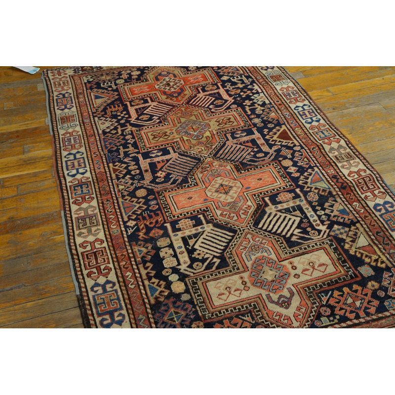Wool Allover Geometric Hand Knotted Pile Antique Blue Caucasian 1900s Rug