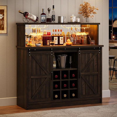 Farmhouse Coffee Bar with LED Lights, 47 inch Coffee Bar Cabinet with Storage, Wine Bar Cabinet with Wine and Glass Rack for Living, Dining Room, by Wrought Studio