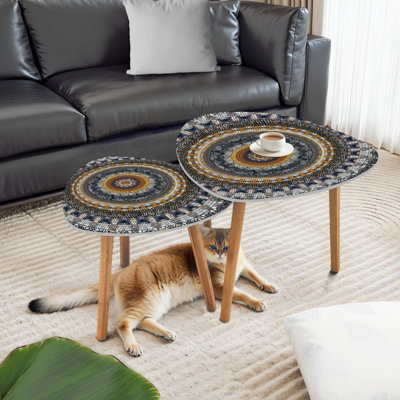 Triangle Nesting Coffee Table Set of 2 Seamless geometric traditional east culture arabesque End Table Modern Minimalist Side Table Set for Living Room Bedroom