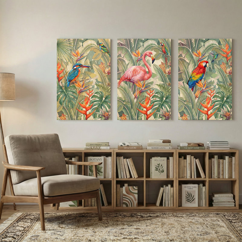 Animaux, oiseaux tropicaux et feuillage luxuriant, ensemble de 3 impressions sur toile, H 24 po x l 48 po