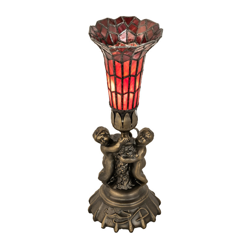13" High Stained Glass Pond Lily Twin Cherub Accent Lamp, Red