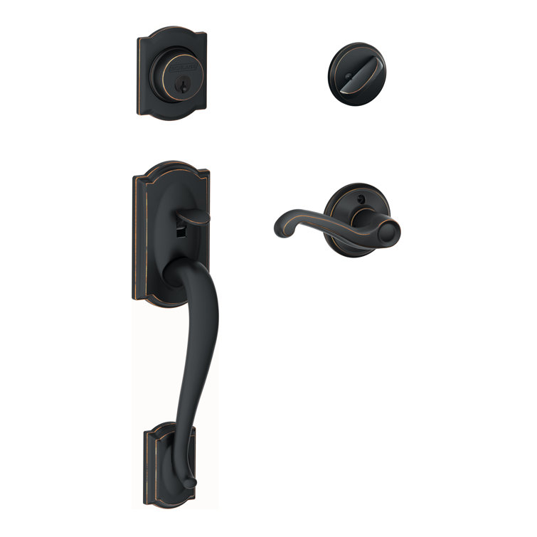 Camelot Handleset with Deadbolt and Flair Door Lever and Rosette