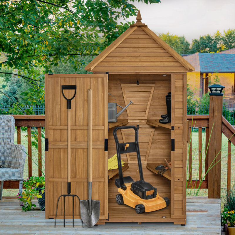 Natural Fir Wood Tall Outdoor Storage Shed with Shelves and Foldable Tables