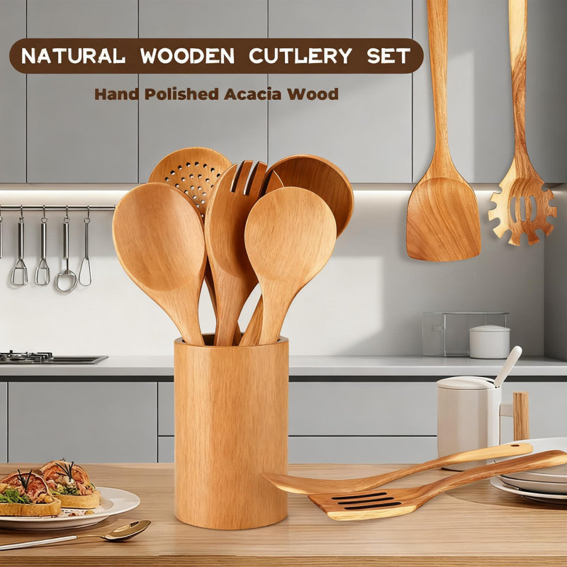 Ensemble d'ustensiles en bois d'acacia naturel 9 pièces pour la cuisson, cuillères et spatules résistantes à la chaleur à long manche pour casseroles antiadhésives, ustensiles de cuisine en bois