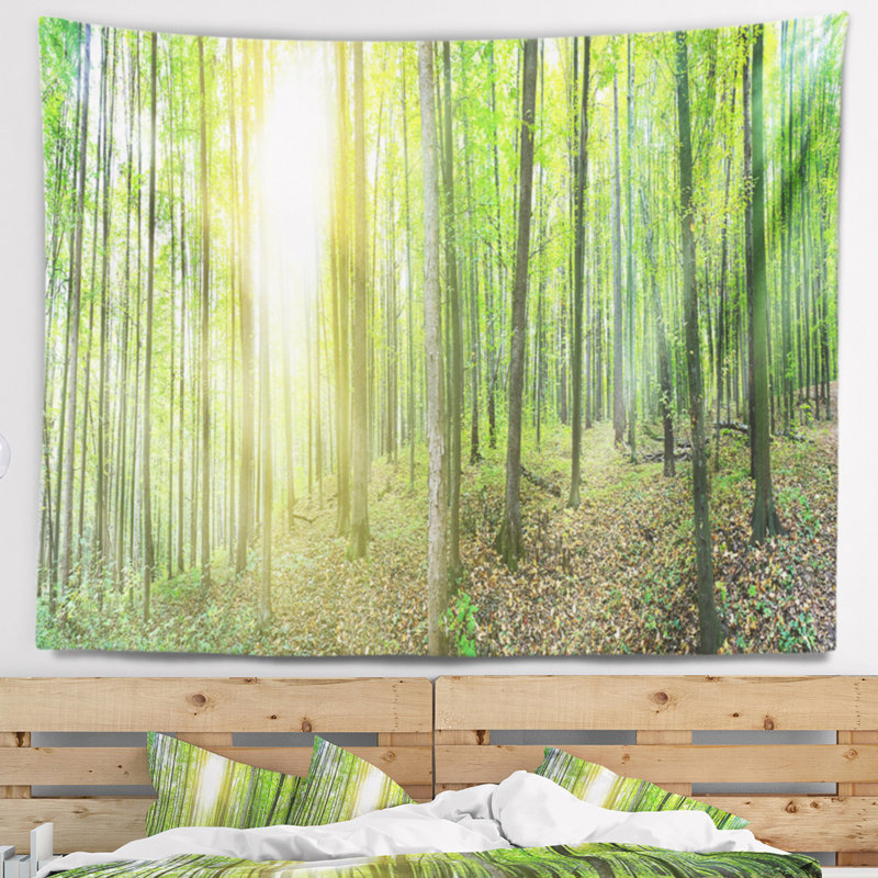 Paysage avec tapisserie panoramique d'une forêt verte épaisse, H 68 po x l 80 po