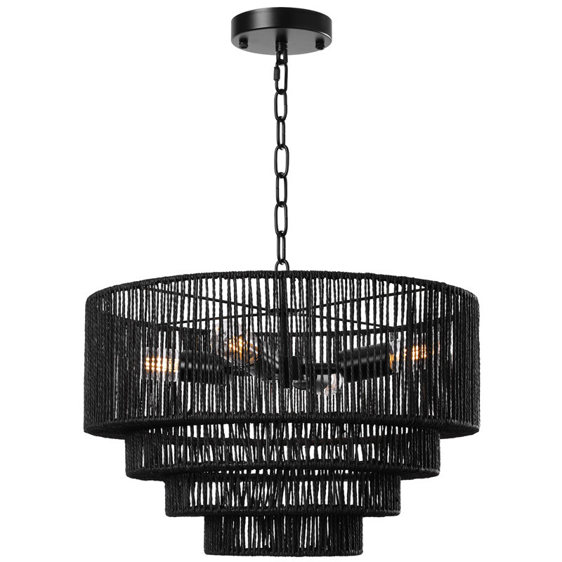 4-Light Dimmable Hand-Woven Rattan Tiered Chandelier, Matte Black