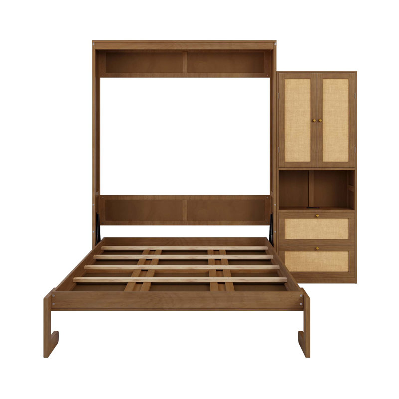 Lit escamotable en bois massif avec tablette de rangement en rotin, Noyer, Grand lit