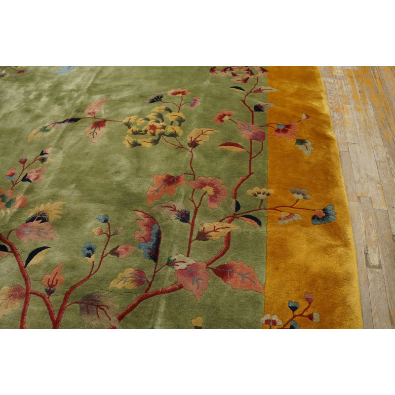Antique Wool 1920s Green Rectangle Hand Knotted Pile Rug