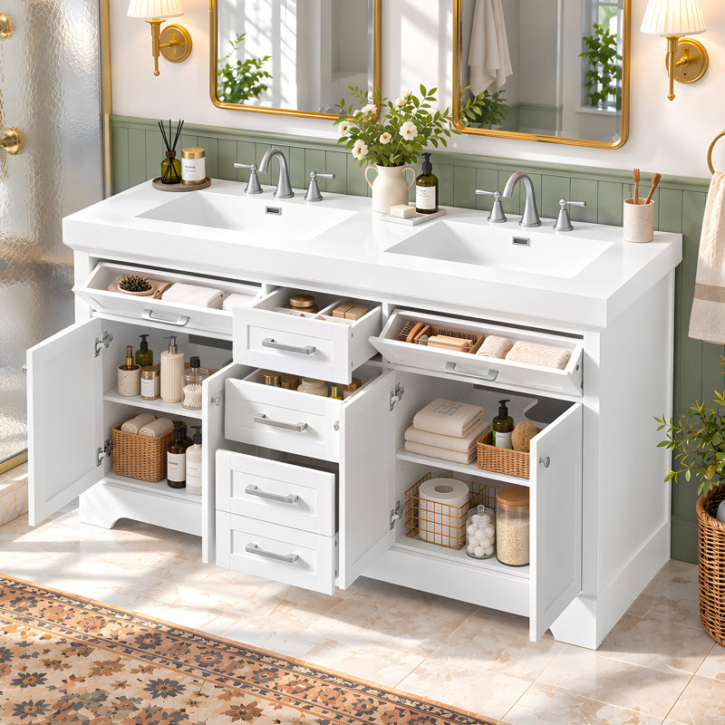 59-Inch Double Sink Bathroom Vanity with SMC Sinks, MDF Cabinet, 4 Doors, 1 Divided Drawer, 2 Storage Drawers, 2 Flip Drawers, Soft-Close Doors and Drawers