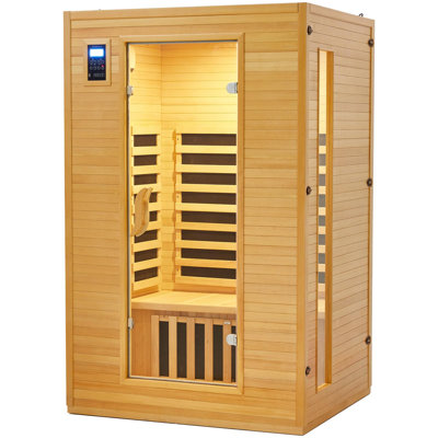 Upgrade 2 Person Sauna, 6 Heating Plate Infrared Physical Therapy Wooden Dry Steam Sauna, Low EMF, MP3 Auxiliary Connection, Dual Controls Inside and Outside Fits, Home Spa Day Use