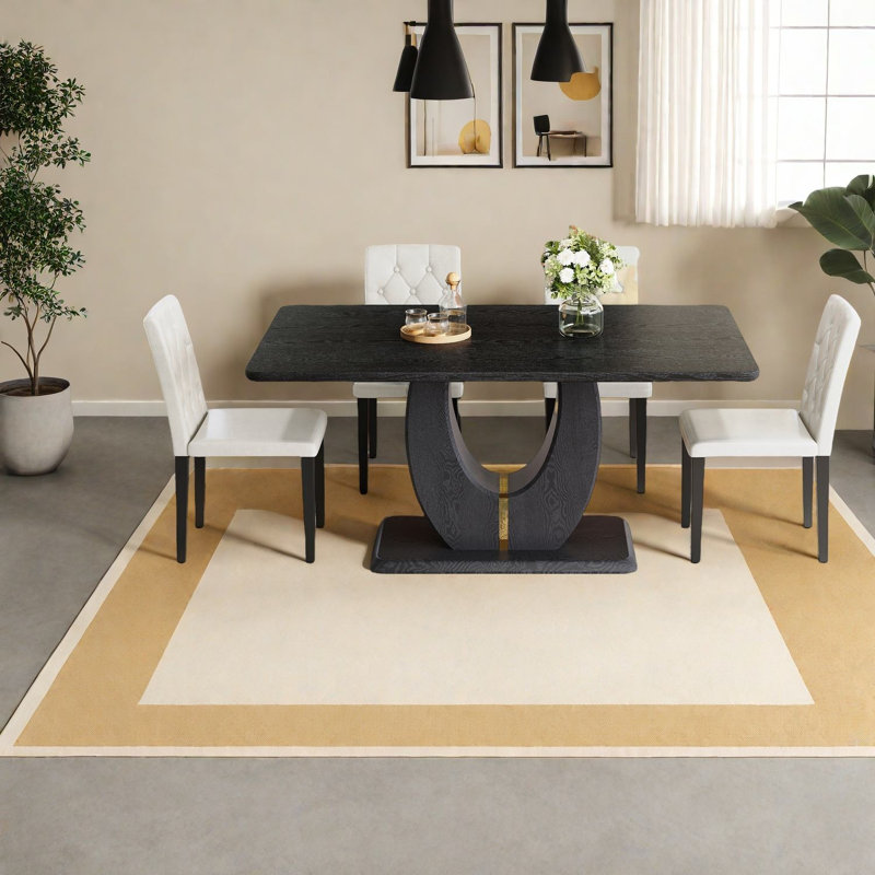 Ensemble de table à manger moderne en bois noir, bois aggloméré et cuir synthétique pour la cuisine et la maison