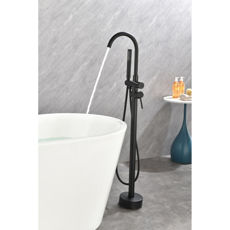 Floor Mounted Tub Faucet High Flow Freestanding Tub Filler Faucet With Handheld Shower Head And Swivel Spout, Matte Black