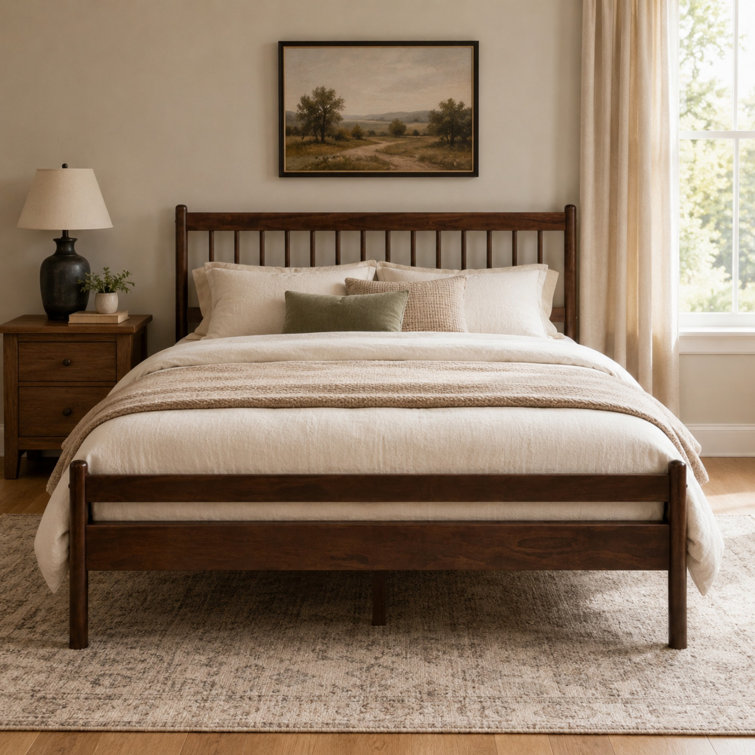 Traditional Queen Size Pinewood Platform Bed with Headboard, Footboard and Under-Bed Storage Space
