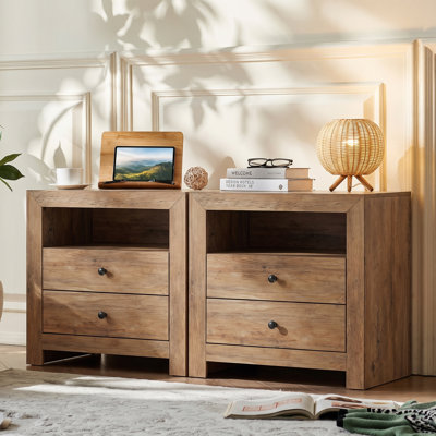 2-Drawer Wood Nightstand, Large Bedside End Table