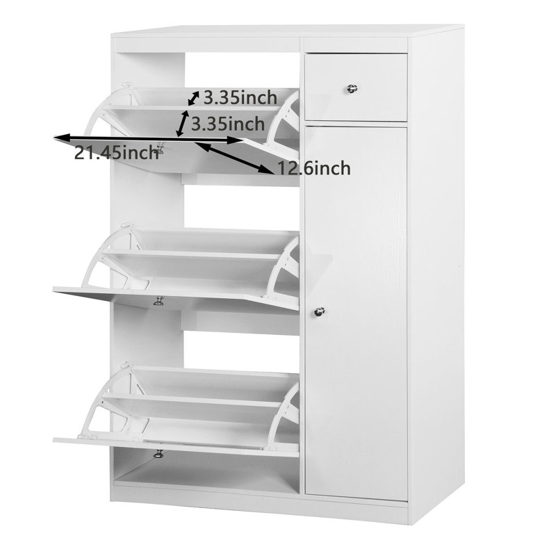 Étagère à chaussures autoportante blanche avec 3 tiroirs rabattables et une structure de rangement mince