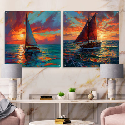 Voilier en mer I - ensemble de 2 reproductions d'art en acrylique sur plage moderne