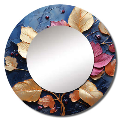 Ryleah Gold And Blue Leaves Charm In Winter I - Leaves Mirror, Traditional Round Decorative Wall Mirror, Printed Metal Art