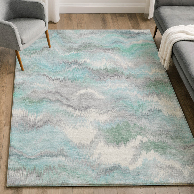 Premium Machine Washable Mayfield AMF2258 Swirls Rug, Teal, 9' x 12'