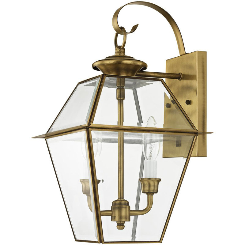 9in 2-Light Outdoor Wall Lantern, Clear Beveled Glass, Pendant Lighting Fixture, Antique Brass