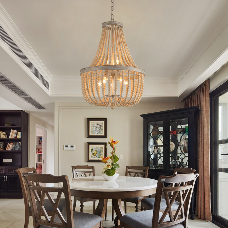 Boho Farmhouse Wood Beaded Chandelier , UL Listed 8-Light Natural Beaded Ceiling Light Fixture for Dining Room, Living Room, Bedroom, Foyer