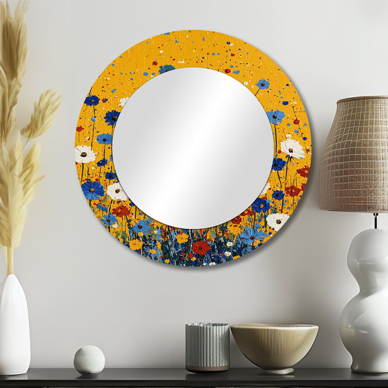 «Blue Golden Wildflower Meadow Scenery I», art mural miroir traditionnel, imprimé sur métal, 23 po x 23 po