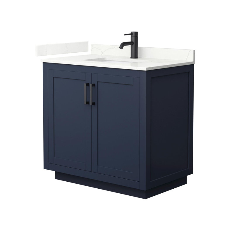 Miranda 36" Freestanding Single Bathroom Vanity with Quartz Top, Dark Blue, Giotto Quartz, Matte Black