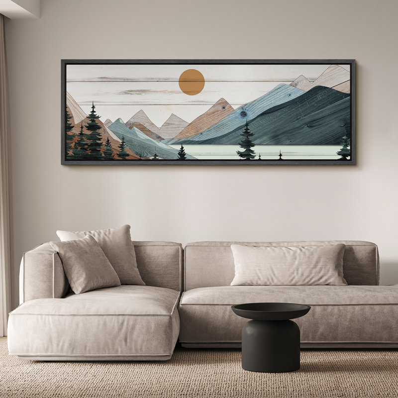 «Western Wood Effect Landscape Tranquil Wood Effect Mountain Sunset», reproduction sur toile, H 20 po x l 60 po, Noir