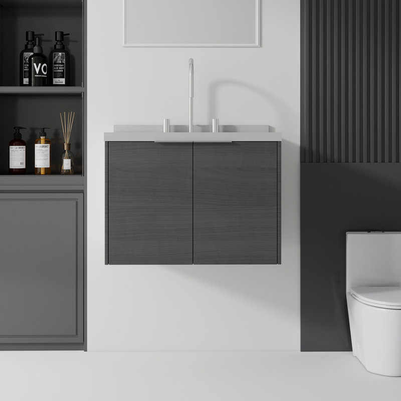 Meuble-lavabo flottant 24 po avec lavabo, porte à fermeture douce, comptoir et dosseret en granite blanc de 2 po