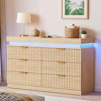 47.4" Modern Fluted TV Stand 6 Drawers, Wood Grain Media Console & Storage Dresser, Oak