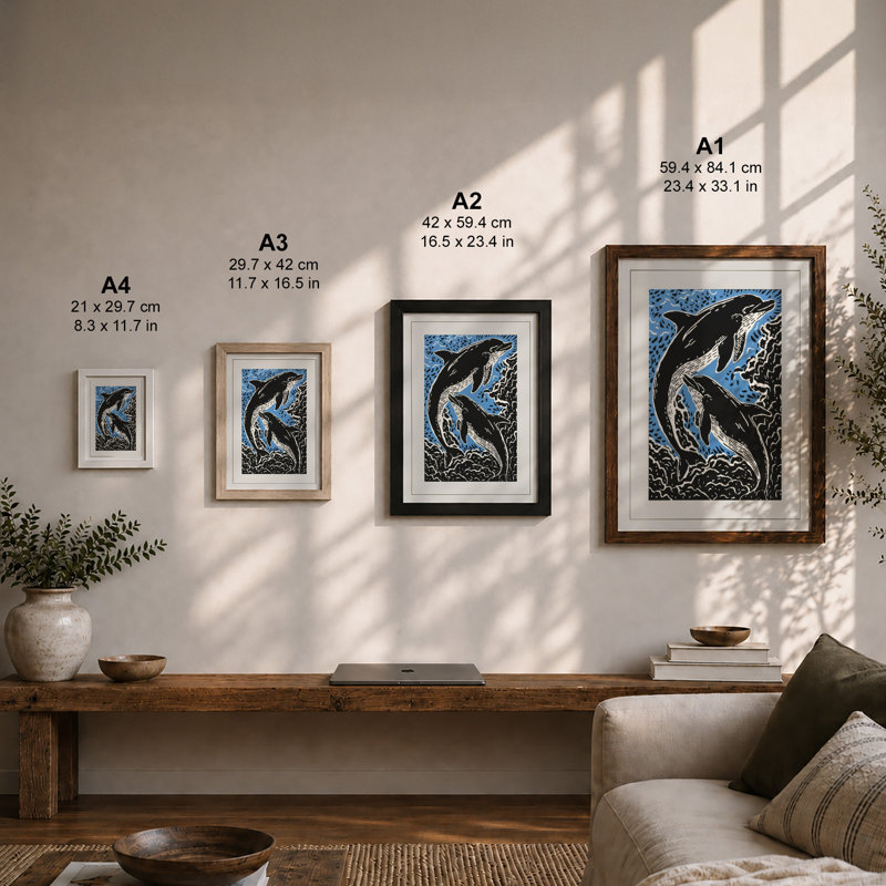 Leaping Whales Coastal - Framed Print, Oak, A4 - 29.7 x 21.0 cm