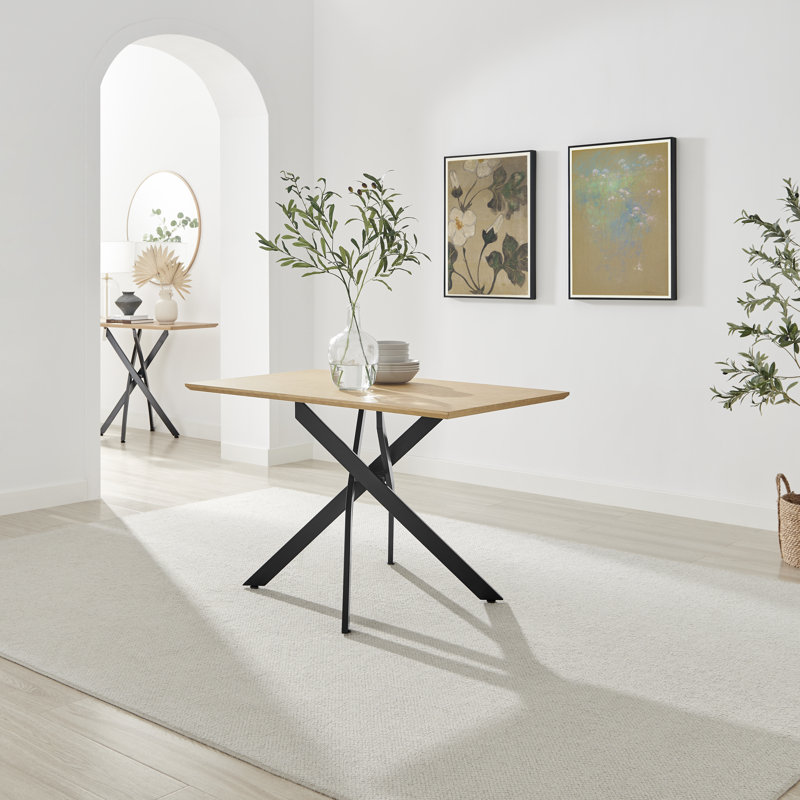 Lenworth Veneer Luxury Dining Table With Metal Legs - Modern Statement Design, Oak Wood, 75cm H x 120cm L x 70cm W