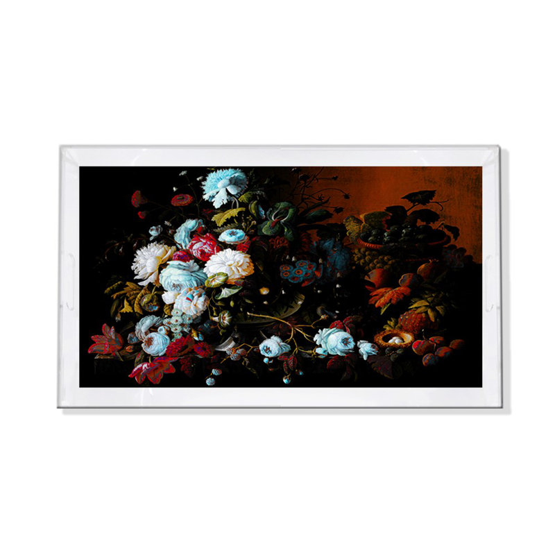 Bird Nest Floral Acrylic Rectangle Decorative Tray, Ochre Verdigris, 2" H x 12.25" W x 7.75" D