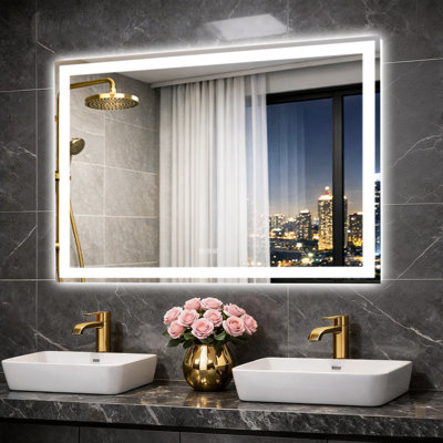 Led Rectangular Frontlit＆backlit Wall Mount Mirror Anti-fog Dimmable Bathroom  Vanity Mirror Adjustment Three Color Temperature