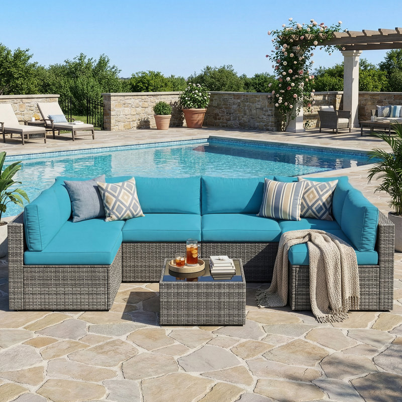 Ensemble de conversation modulaire en osier avec coussins 7 pièces, Structure grise / coussin bleu