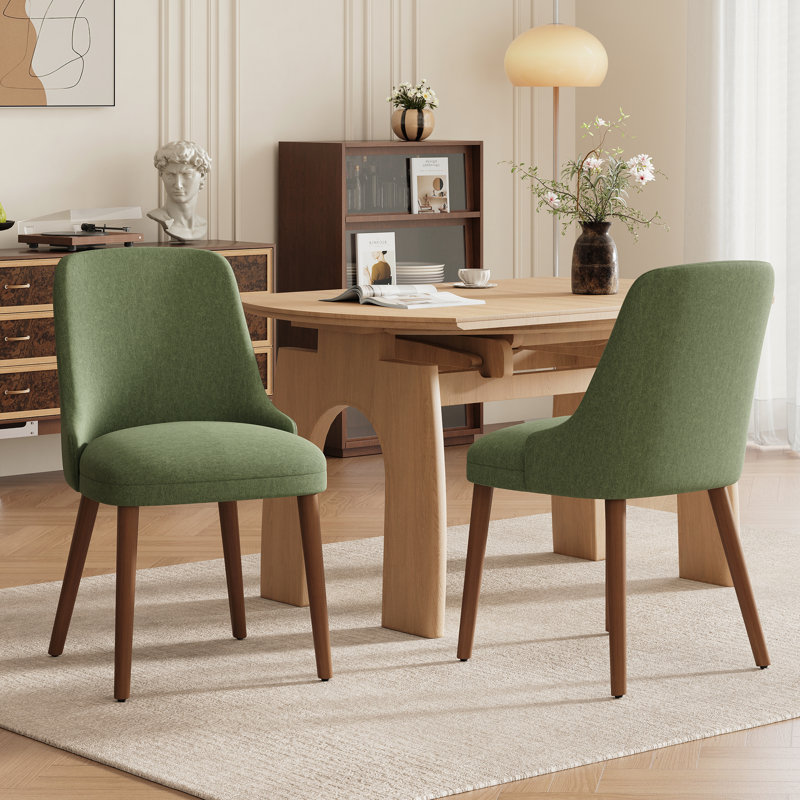 Chaise de salle à manger à haut dossier avec dossier ergonomique courbé, siège rembourré et pieds en bois massif, Vert