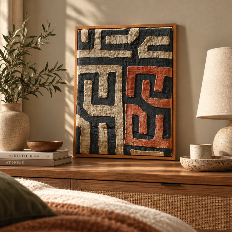 Tableau Kuba africain style 1, authentique textile en raphia tissé à la main avec cadre en teck, 40,6 x 50,8 cm