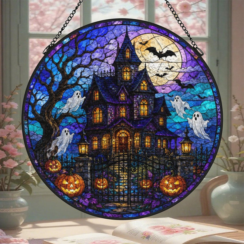 Panneau de vitrail Haunted Mansion Stai, 9,8 x 9,8 po (25 x 25 cm)