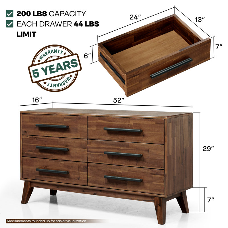 Legacy Solid Wood Dresser With 6 Drawers Double Dresser, Walnut