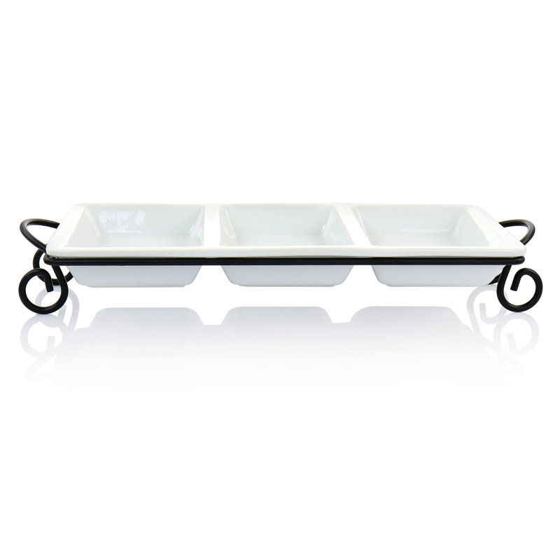 Modern White Porcelain 3-Section Rectangular Serving Tray with Metal Rack