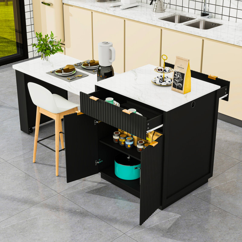 Kitchen Island with Power Outlet, Open Shelves and 2 Drawers, White/Black