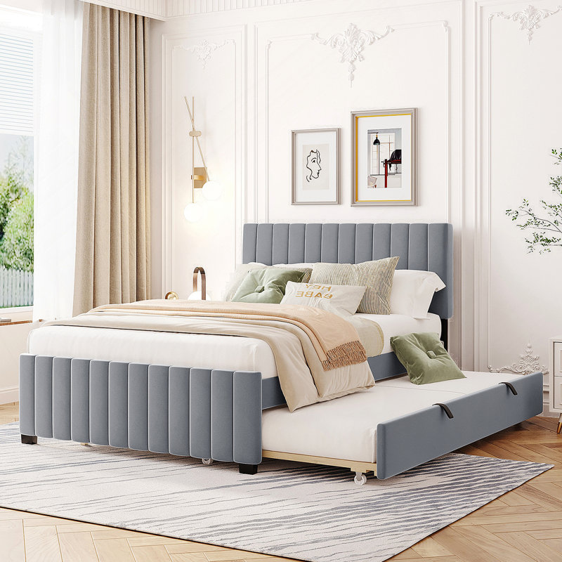 Lit plateforme double en velours avec lit gigogne