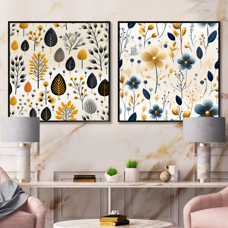 Hunley - Ensemble de 2 collages floraux carrés, Cadre flottant noir, H 16 po x l 33 po
