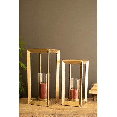 SET OF TWO  METAL FRAMED LANTERNS W CLEAR GLASS HURRICANES