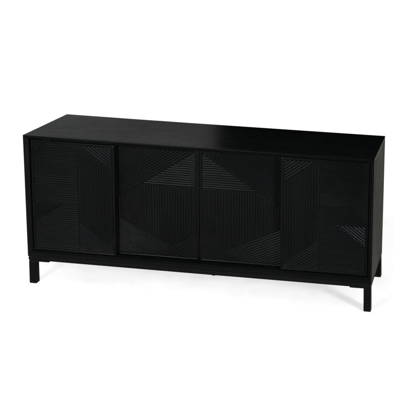 Armoire décorative moderne à motif géométrique à rayures verticales avec portes coulissantes, plateau en placage de bois de haute qualité et rangement spacieux avec deux tiroirs, fabrication robuste et durable