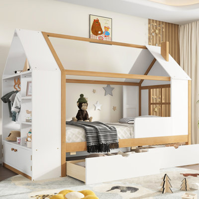 Lit simple en bois massif blanc et naturel avec tiroirs et tablettes
