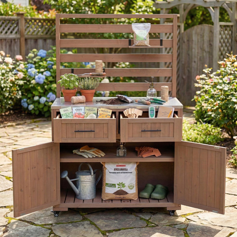 64.9'' H Large Patio Kitchen Island Solid Wood Kitchen Cart, Grill Prep Bbq Table, Garden Potting Bench With Stainless Table Top, 3 Movable Shelves And 2 Drawers,brown